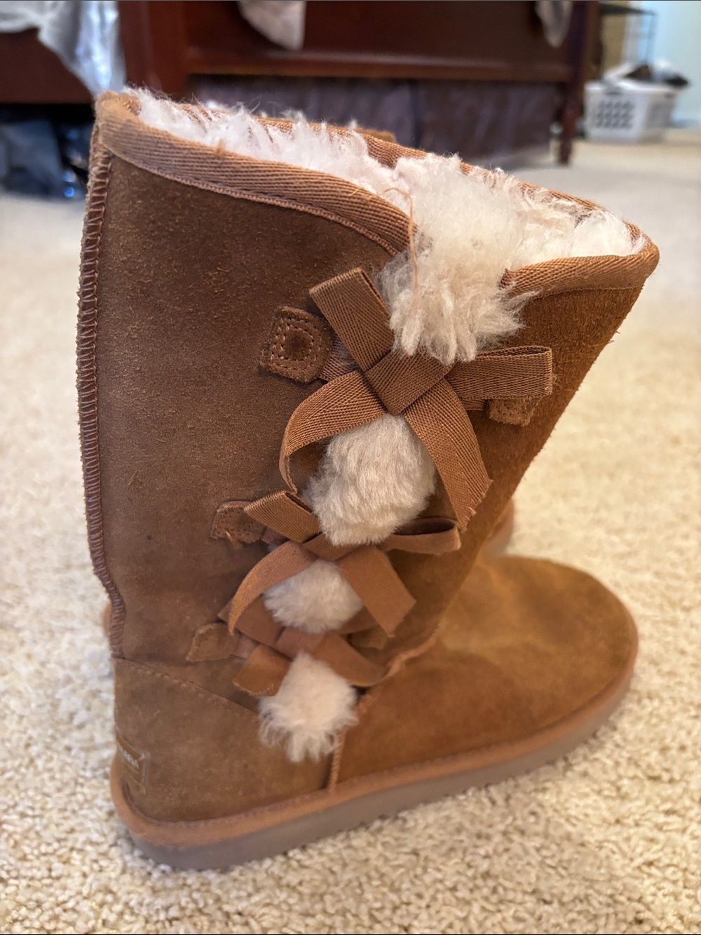 Chestnut Suede Shearling-Lined Bow Detail Boot